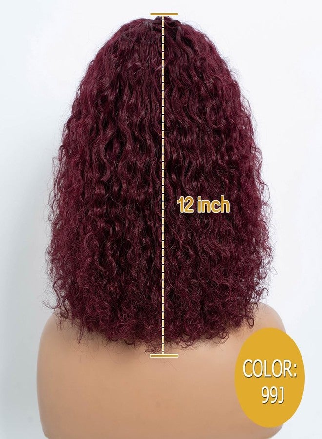JOEDIR HAIR Wig Human Hair Wigs for Black Women Wear and Go Afro Curly Bob Wig with Bangs 12 Inches Water Wave Glueless Wigs 250% Density (99J / Burgundy) - Image 4